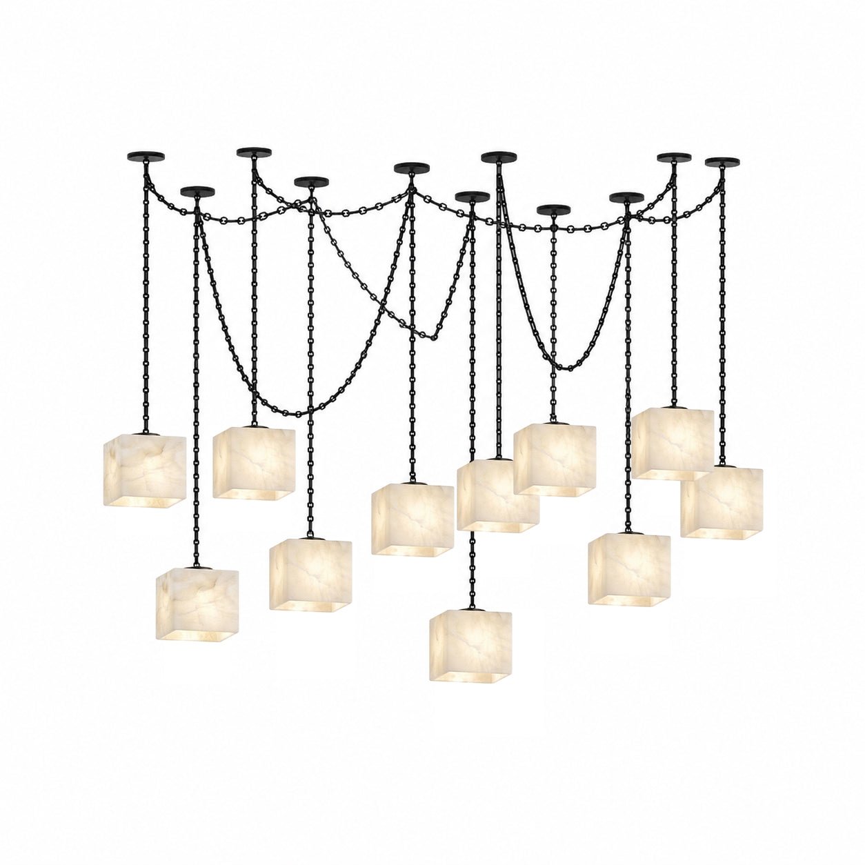 Mat albasten kroonluchter met meerdere lampen, vast aangesloten.