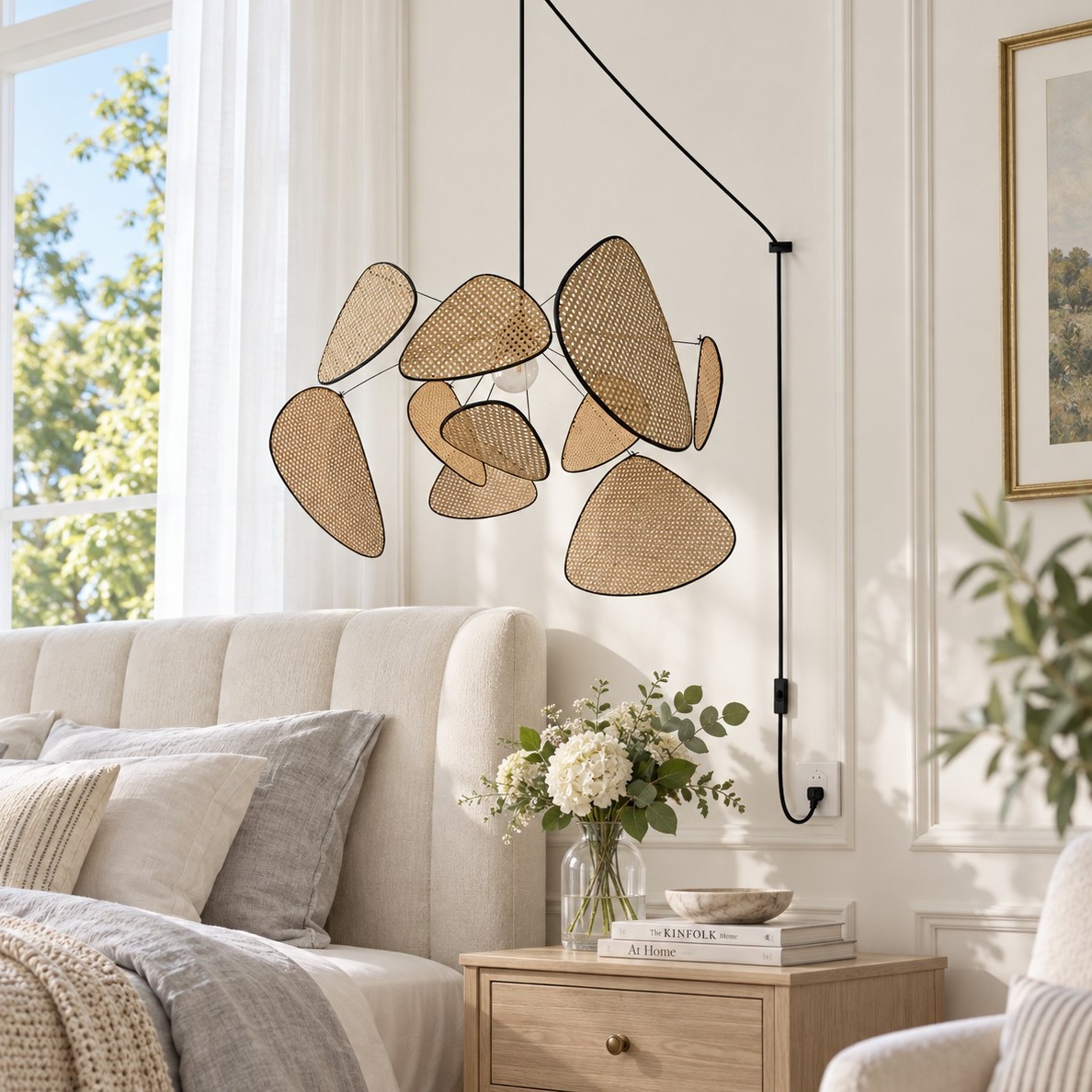 Lampadario in rattan a strati con cavo di collegamento